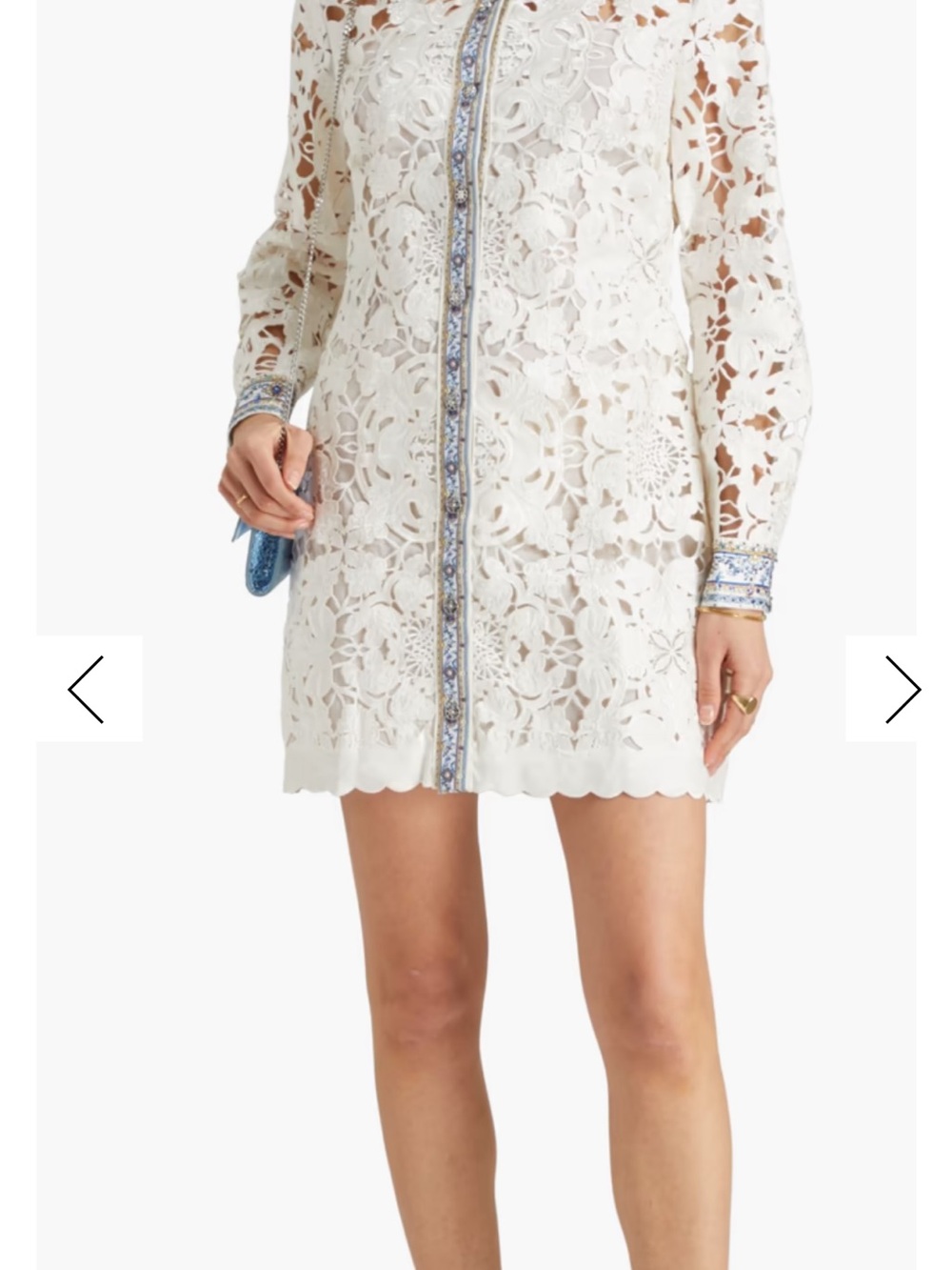 Camilla White Lace Mini Dress with Blue Embroidered Trim
